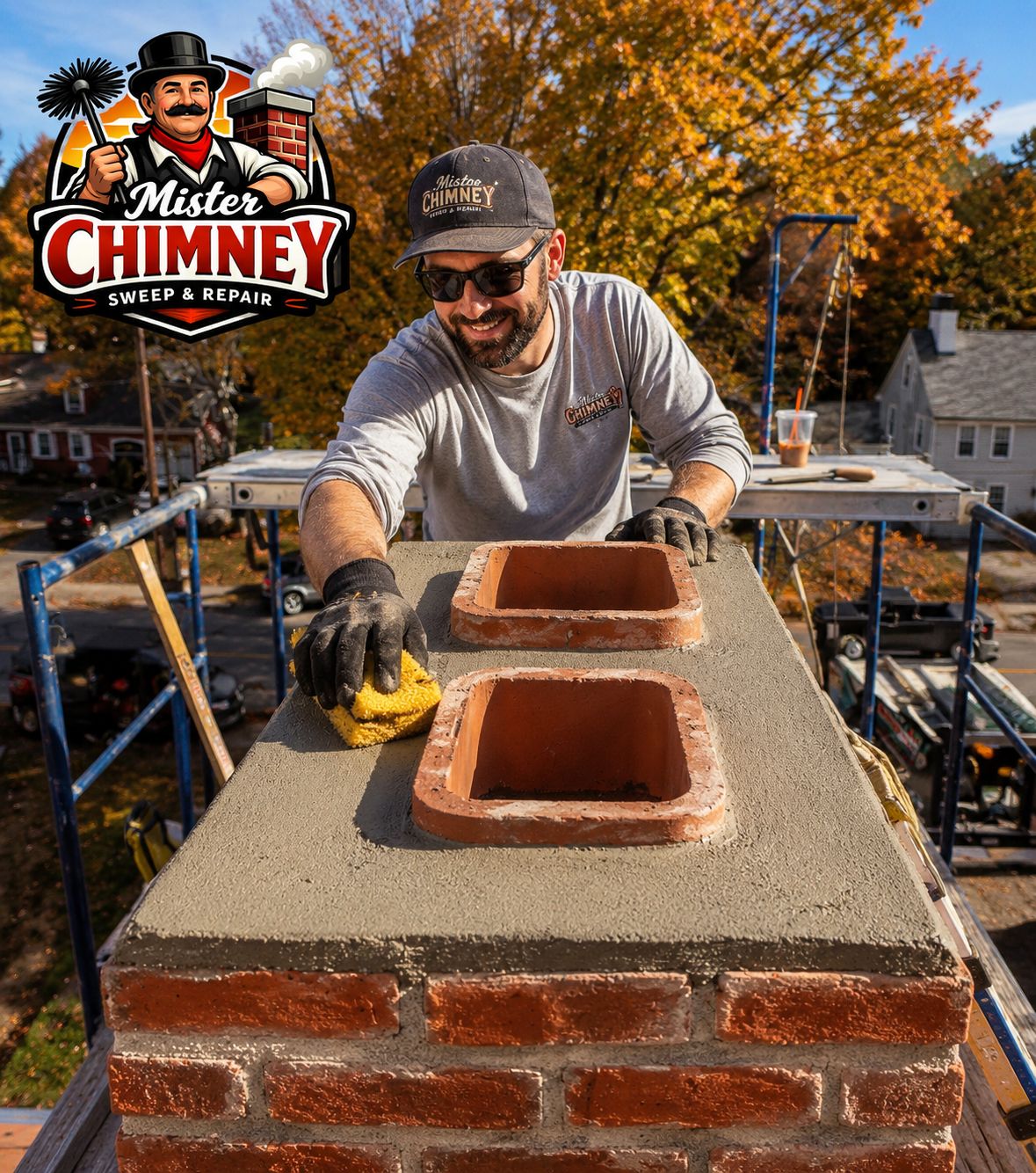 Mister Chimneys technician finishing a fresh chimney crown on a rooftop