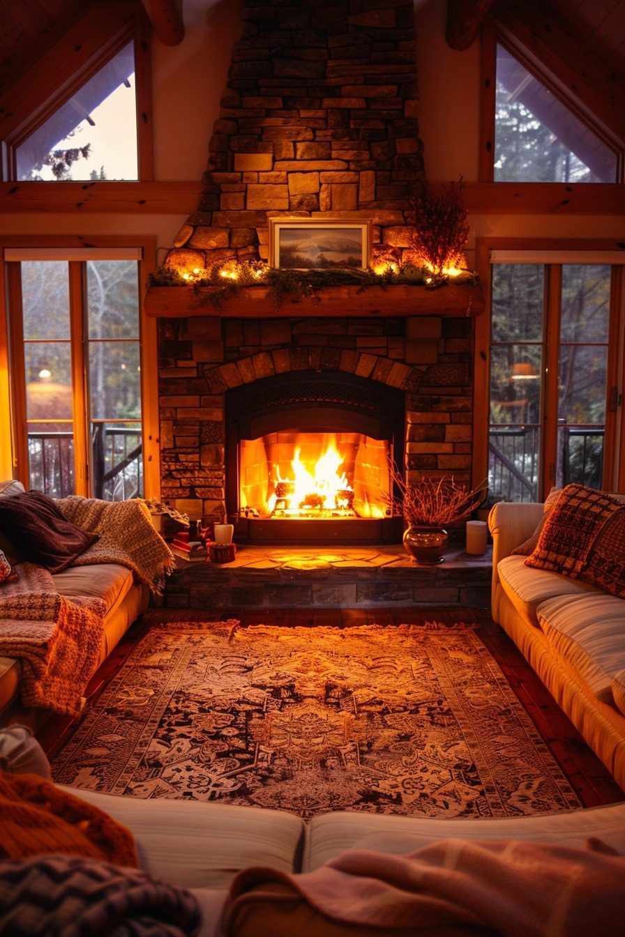 Stone fireplace with a large wood fire in a vaulted great room