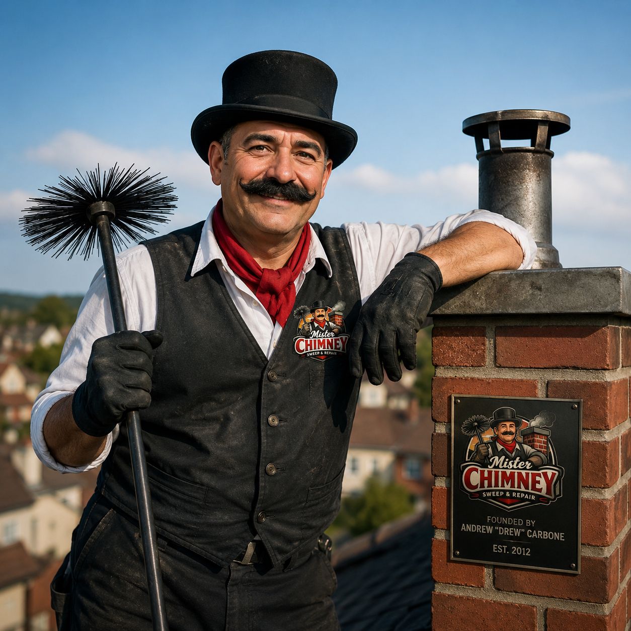 Mister Chimneys founder on a rooftop beside a chimney, holding a sweep brush