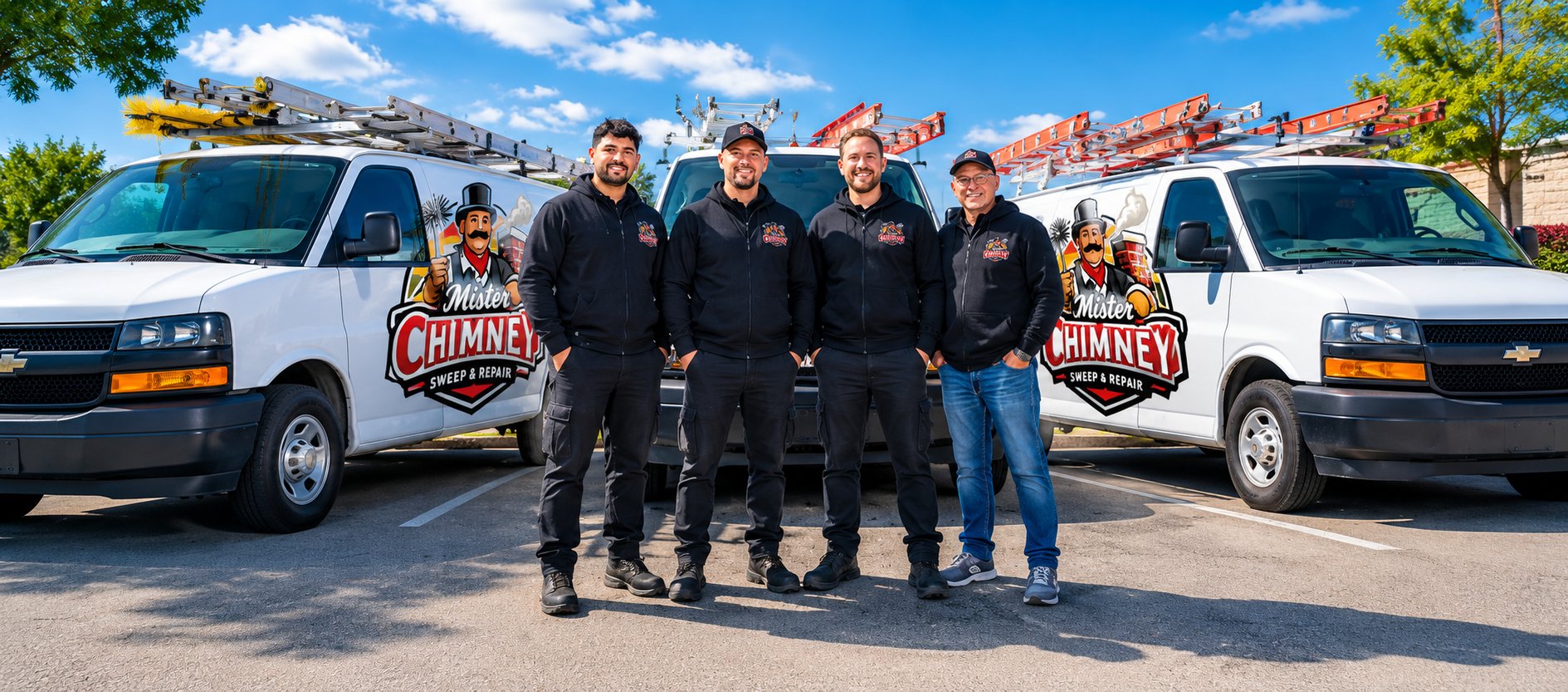 The Mister Chimneys crew standing in front of two branded service vans
